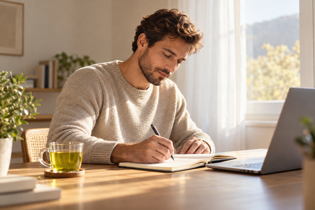 Uomo che scrive concentrato su un quaderno vicino alla finestra, con una tazza di tè verde