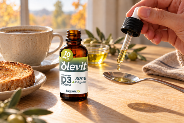 Flacone di Olevit Vitamina D3 in olio extravergine d'oliva e gocce sul cucchiaino, a colazione