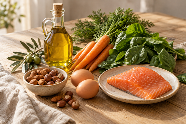 Olio extravergine d'oliva, carote, spinaci, frutta secca, uova e salmone: fonti di vitamine liposolubili