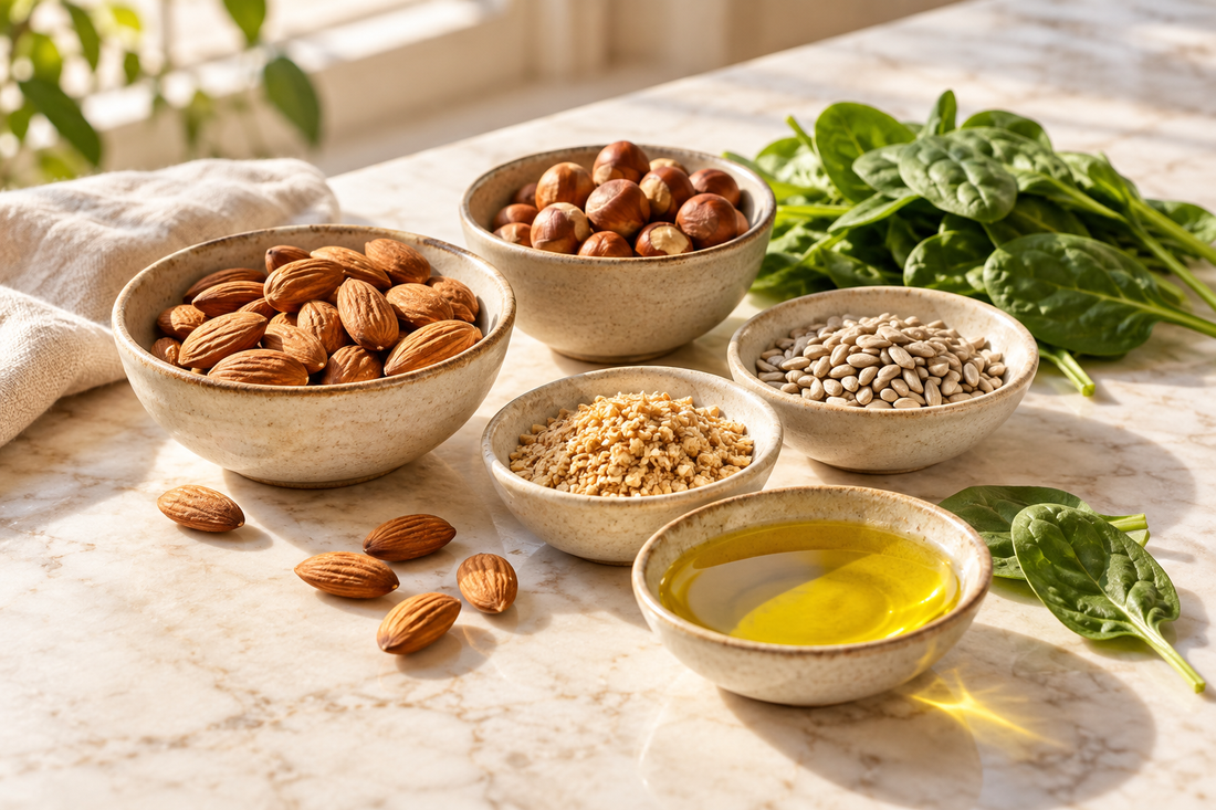Mandorle, nocciole, semi di girasole, germe di grano, spinaci e olio extravergine d'oliva: fonti di vitamina E